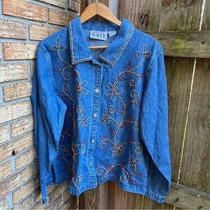 Vtg KEREN Hart Blue Denim Jacket with Floral Beading